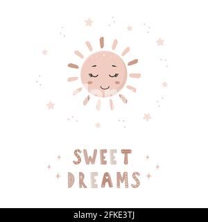 Sole disegnato a mano carino in stile boho. Sogni dolci. Illustrazioni bohémien per le vacanze. Design scandinavo per carta da parati e arredamento per la casa. Vettore moderno Illustrazione Vettoriale