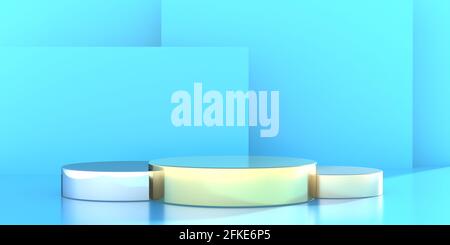 Podio display prodotto vuoto, forma rotonda su sfondo blu tonalità di colore. Stand per la presentazione, modello showroom. Piedistallo da palco, vetrina per Foto Stock