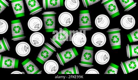 Un sacco di tazzina verde monouso per bevande calde con il simbolo di riciclaggio sulla superficie nera. Illustrazione 3D Foto Stock