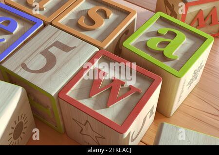 Blocchi di legno con lettere colorate - illustrazione 3D Foto Stock