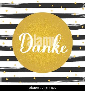 Grazie calligraphy lettere di mano in lingua tedesca su sfondo bianco e nero pennello stroke stripe. Modello vettoriale per il matrimonio grazie carta Illustrazione Vettoriale