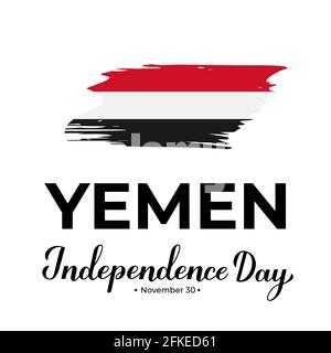 Scritta Yemen Independence Day con bandiera. Festa nazionale il 30 novembre. Modello vettoriale per banner, poster tipografico, volantino, greetina Illustrazione Vettoriale