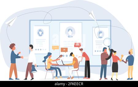 Un gruppo di reclutatori, tra cui il responsabile delle risorse umane e un altro reparto lavorare insieme sul posto di lavoro per reclutare persone Illustrazione Vettoriale