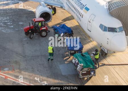 KIEV, UCRAINA, NOVEMBRE 28 2018, il trattore tira i carrelli con i bagagli per l'aereo aereo. Il personale di terra all'aeroporto sta lavorando con i bagagli. Caricamento bagga Foto Stock