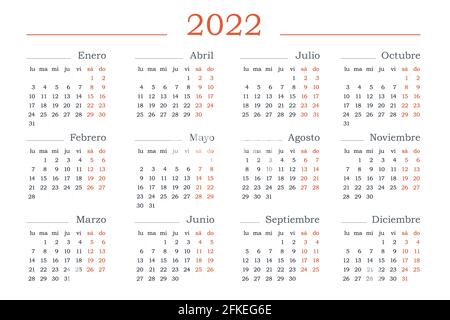 Calendario 2022 anni in spagnolo. Modello modificabile vettore orizzontale. Design semplice e pulito Illustrazione Vettoriale