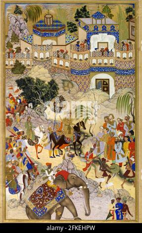 Farrukh Beg - ingresso triumfale di Akbar nel Surat Akbarnama. Foto Stock