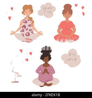 Set le ragazze incinte stanno facendo meditazione Yoga Illustrazione Vettoriale