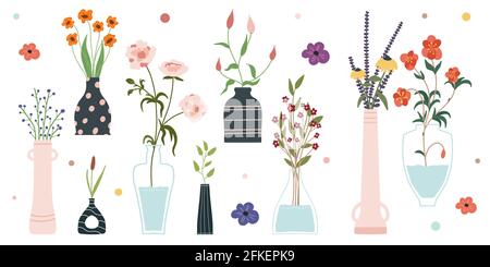 Set di fiori primaverili luminosi in vasi e bottiglie isolate su sfondo bianco. Illustrazione vettoriale piatta Cartoon. Illustrazione Vettoriale