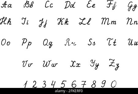 Alfabeto vettoriale disegnato a mano. Font script calligrafico. Lettere di Calligraphy A-Z e numeri 0-9 scritte con liner. Simboli di scrittura latina. Facile da e Illustrazione Vettoriale