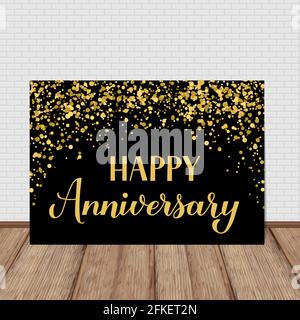 Buon anniversario banner di celebrazione scritto a mano. Decorazioni per feste di compleanno o anniversario di matrimonio con confetti in oro e nero. Modello vettore per segno, Illustrazione Vettoriale