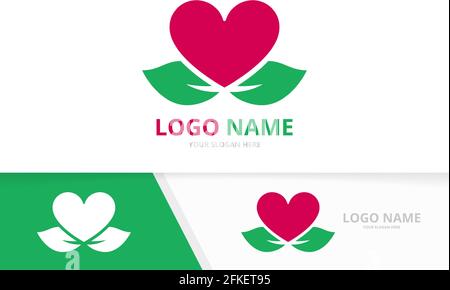 Combinazione cuore vettore e logo foglia. Modello unico di logotipo di amore organico. Illustrazione Vettoriale