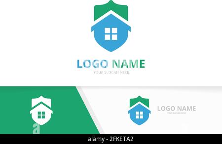 Combinazione di beni immobili vettoriali e logo shield. Esclusivo modello di logo per la casa sicura. Illustrazione Vettoriale