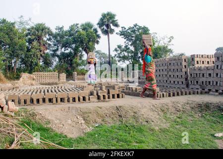 Immagine di un forno di mattoni nel remoto distretto di Hooghly. Lavoratori adulti lavorano duro per disporre i mattoni crudi nel forno a cotti. Foto Stock