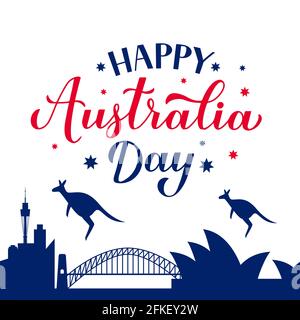 Felice Australia giorno calligrafia mano lettering. Lo skyline di Sidney e la silhouette di un canguro. Modello vettoriale per banner, poster tipografico, gree Illustrazione Vettoriale