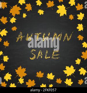 Vendita autunnale con scritta d'oro su lavagna. Imitazione della scritta in gesso. Banner di vendita stagionale. Telaio foglie cadono. Illustrazione del vettore di grunge. Facile da Illustrazione Vettoriale