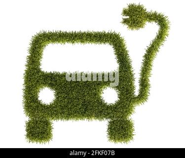 Concetto di auto elettrica come erba verde patch. Una silhouette per auto e un cavo con spina. Isolato su sfondo bianco puro senza ombre. Foto Stock