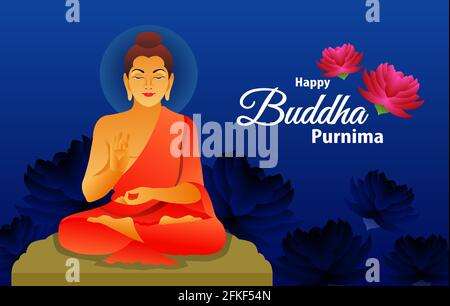 Felice Buddha Purnima saluto con tipografia. Illustrazione pacifica con fiore di loto. Bel design festivo per siti web e post sui social media. Illustrazione Vettoriale