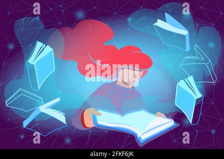 E Reading concetto in stile moderno. Donna legge i libri in linea. Design piatto con tecnologia per l'istruzione a distanza. Conoscenza virtuale, biblioteca digitale Illustrazione Vettoriale