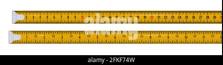 Metro a nastro 30 centimetri e 12 pollici. Illustrazione vettoriale 3D realistica isolata su sfondo bianco. Illustrazione Vettoriale