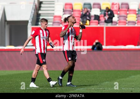 LONDRA, REGNO UNITO. 1 MAGGIO Ivan Toney dei gesti di Brentford durante la partita del campionato Sky Bet tra Brentford e Watford al Brentford Community Stadium di Brentford sabato 1 maggio 2021. (Credit: Federico Maranesi | MI News) Credit: MI News & Sport /Alamy Live News Foto Stock