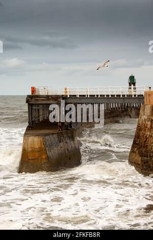 Una giornata molto ventosa sul molo Whitby, nello Yorkshire del Nord, Inghilterra. Whitby è una città storica con le sue strade stravaganti, i negozi e le rovine dell'abbazia. Foto Stock