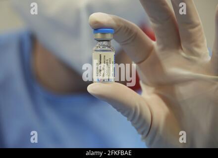 Busto Arsizio Malpensa Fiere, Italia Johnson e Johnson di Janssen il vaccino in una sola dose i primi centri di vaccinazione dei sette Laghi. Nella foto: Johnson e Johnson di Janssen il vaccino Foto Stock