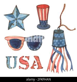 Acquerello illustrazioni fatte a mano 4 luglio clipart USA bandiera americana. Set di elementi in stile patriottico Stelle e strisce colore rosso e blu Foto Stock