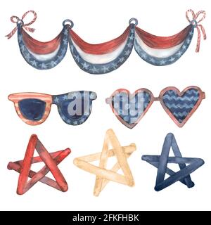 Acquerello illustrazioni fatte a mano 4 luglio clipart USA bandiera americana. Set di elementi in stile patriottico Stelle e strisce colore rosso e blu Foto Stock