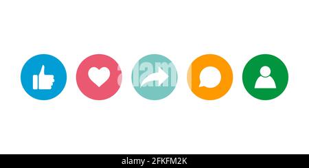Pollice su, come, cuore, ripost, icona commento. Illustrazione vettoriale. Illustrazione Vettoriale