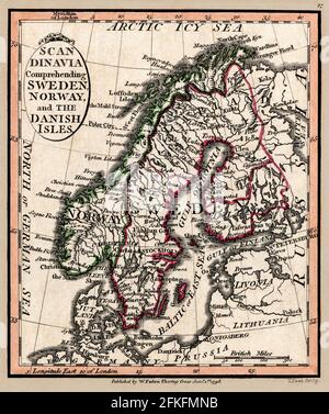 Scandinavia Mappa 1804. Titolo originale: 'Candinavia che comprende Svezia, Norvegia e le isole danesi.' Mappa del famoso cartografo William Faden con data di pubblicazione del 1804. Foto Stock
