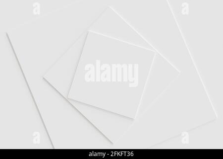 Sfondo bianco geometrico astratto con cartoncini di carta a forma quadrata con texture. illustrazione del rendering 3d. Foto Stock