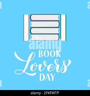 Libro Lovers Day calligraphy lancetta con pila di libri. Modello vettoriale facile da modificare per la progettazione di logo, biglietti d'auguri, banner, poster, cartelli, vola Illustrazione Vettoriale