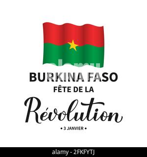 Burkina Faso Revolution Day scritta in francese con bandiera. Festa nazionale festeggia il 3 gennaio. Modello vettoriale per banner poster tipografico, flye Illustrazione Vettoriale