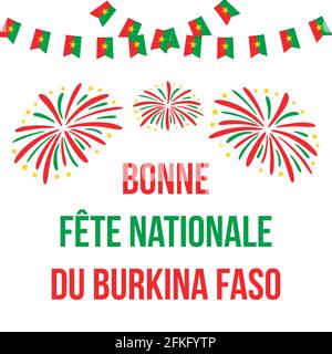 Burkina Faso National Day scritta in lingua francese con bandiere e fuochi d'artificio. Modello vettoriale facile da modificare per banner poster tipografico, flyer, sti Illustrazione Vettoriale