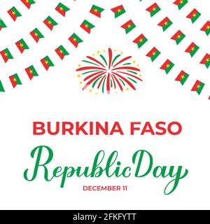 Burkina Faso Republic Day scritta con bandiere. Festa nazionale festeggia il 11 dicembre. Modello vettoriale facile da modificare per banner poster tipografici, Illustrazione Vettoriale