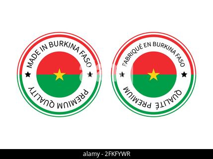 Etichette rotonde in Burkina Faso in inglese e francese. Icona vettore del contrassegno di qualità. Perfetto per il design di logo, tag, badge, emblema, prodotto Illustrazione Vettoriale