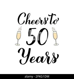 Grazie a 50 anni calligrafia mano scritta con bicchieri di champagne. Poster per la celebrazione del 50° compleanno o dell'anniversario. Modello vettoriale per il messaggio di saluto Illustrazione Vettoriale