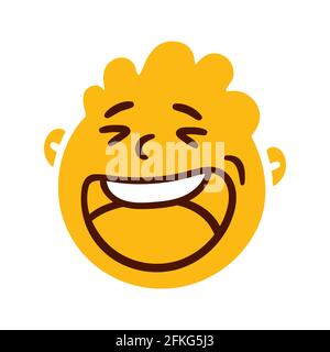 Faccia astratta rotonda con felice emozione. Avatar emoji sorridente felice. Ritratto di un uomo giubilante. Stile cartone animato. Illustrazione vettoriale a disegno piatto. Illustrazione Vettoriale