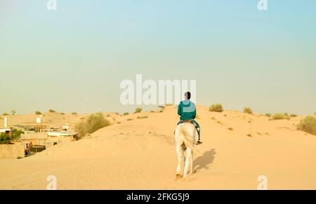 Cavaliere arabo berbero in costume tradizionale guardando un gruppo di turisti facendo un giro su cammelli attraverso la sabbia dune del deserto del sahara Foto Stock