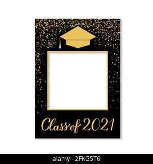 Classe di 2021 tappo graduato con telaio per cabina fotografica isolato su bianco. Feste di graduazione con fotopoule. Quadro selfie celebrazione grad. Modello vettore. Illustrazione Vettoriale