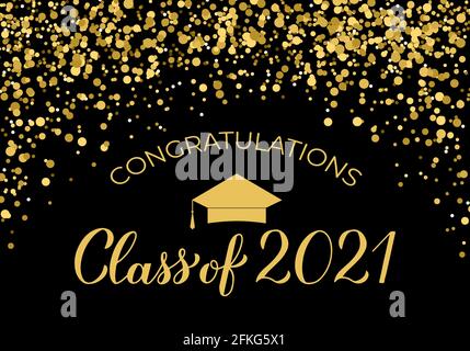 Classe di banner 2021. Festa di laurea in confetti d'oro o decorazioni di prom. Congratulazioni ai laureati tipografia poster. Illustrazione vettoriale. Illustrazione Vettoriale