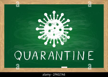 Mano di quarantena scritta su lavagna verde con cornice in legno. Pandemia coronavirus COVID-19. Concetto di formazione a distanza. Modello vettoriale facile da modificare f Illustrazione Vettoriale