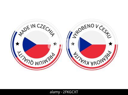 Etichette rotonde realizzate in Repubblica Ceca in inglese e in lingua ceca. Icona vettore del contrassegno di qualità. Perfetto per il design con logo, tag, badge, adesivi, embl Illustrazione Vettoriale