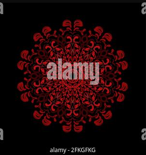 rosso neon motivo floreale petalo circolare mandala illustrazione arte in sfondo nero. Foto Stock