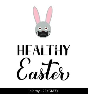 Calligrafia di Pasqua sana lancetta mano con mascherato coniglietto. Festa di Pasqua due covid manifesto tipografico pandemico. Modello vettoriale per auto di saluto Illustrazione Vettoriale