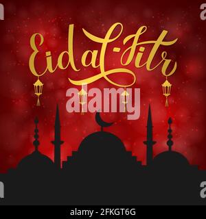 EID al-Fitter calligrafia e silhouette della moschea su sfondo rosso. Banner vacanze musulmana. Festa islamica tradizionale di rompere il digiuno Illustrazione Vettoriale