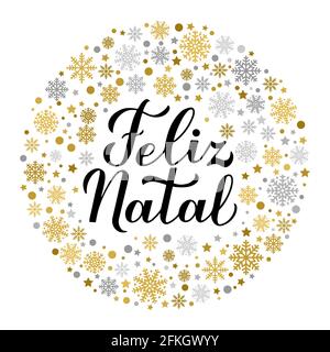 Feliz Natal calligraphy scritta a mano con fiocchi di neve d'oro e d'argento, stelle e puntini. Allegro poster di tipografia natalizia in portoghese. Templa vettoriale Illustrazione Vettoriale