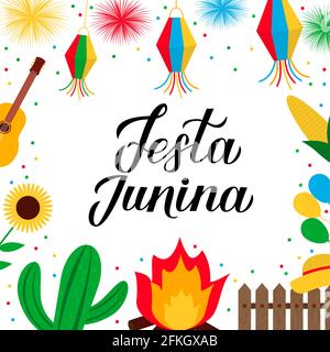 Scritta calligrafia testa Junina con elementi a clip art piatti. Festival Brasiliano di giugno Festa de Sao Joao. Vacanza America Latina. Modello vettore per Illustrazione Vettoriale