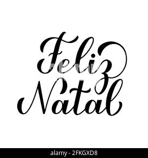 Feliz Natal calligrafia lancetta isolata su bianco. Allegro poster di tipografia natalizia in portoghese. Modello vettoriale facile da modificare per il messaggio di saluto c Illustrazione Vettoriale