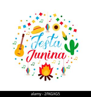 Scritta calligrafia testa Junina con elementi a clip art piatti. Festival Brasiliano di giugno Festa de Sao Joao. Vacanza America Latina. Modello vettore per Illustrazione Vettoriale